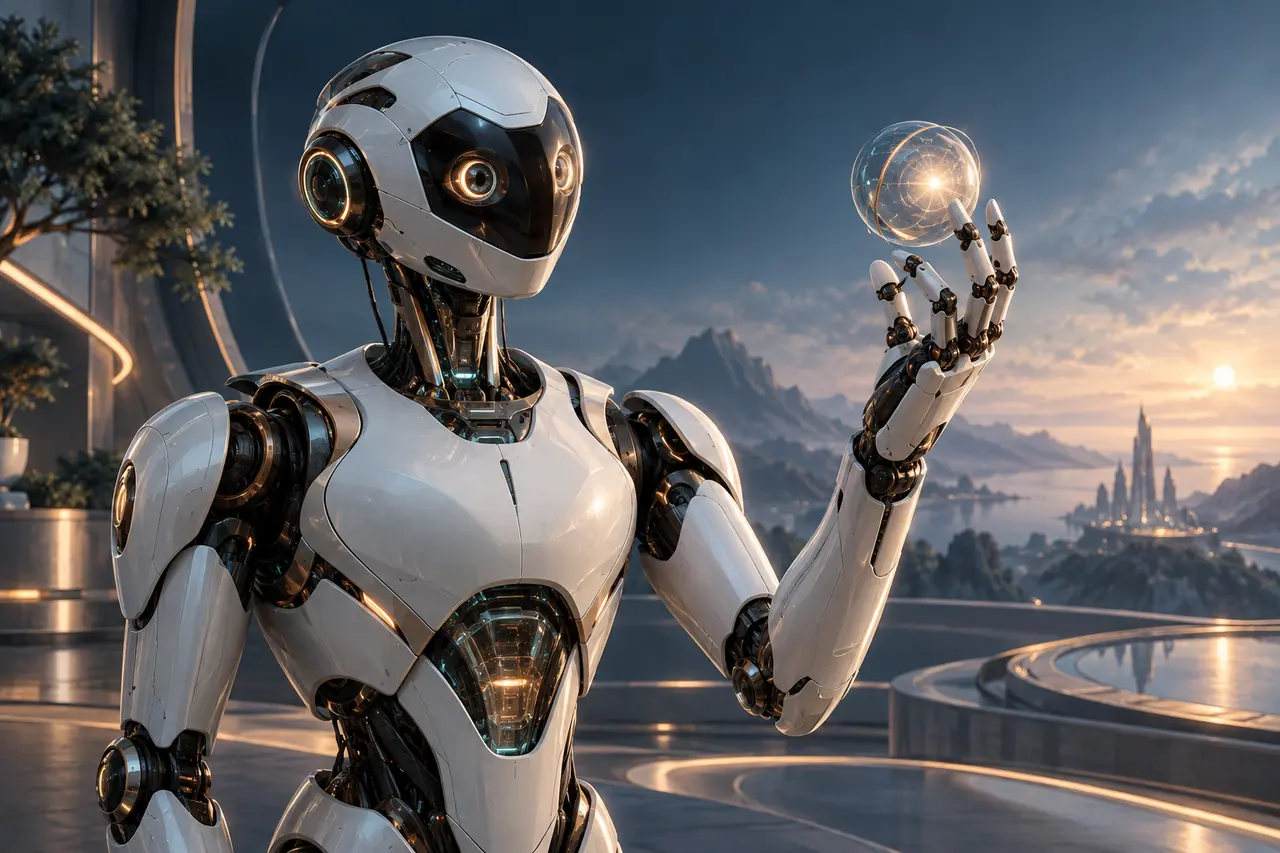 Concept illustration of a titanium humanoid robot holding a luminous sphere in a futuristic sunrise city.